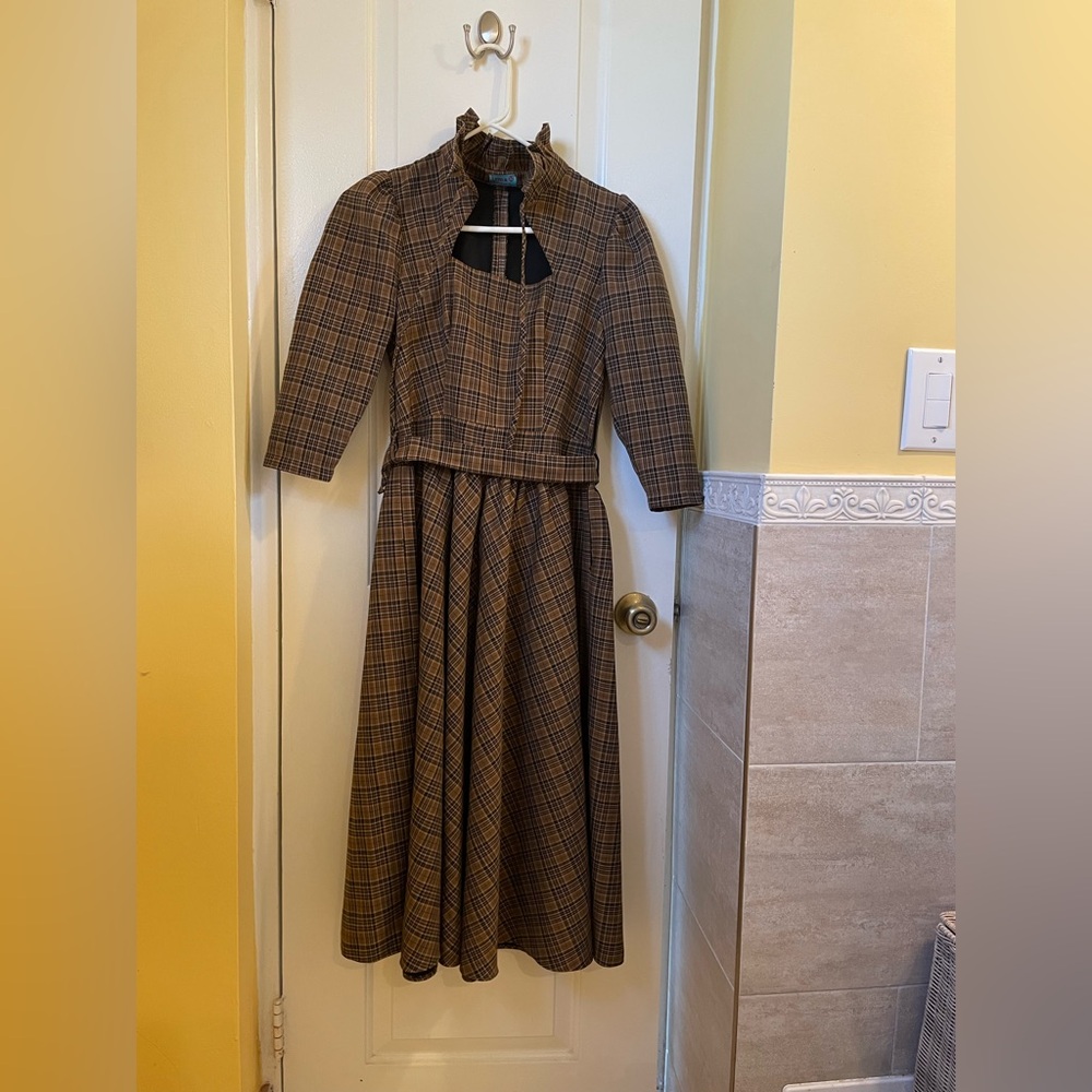 Vintage 1950s Brown Plaid Winter Dress